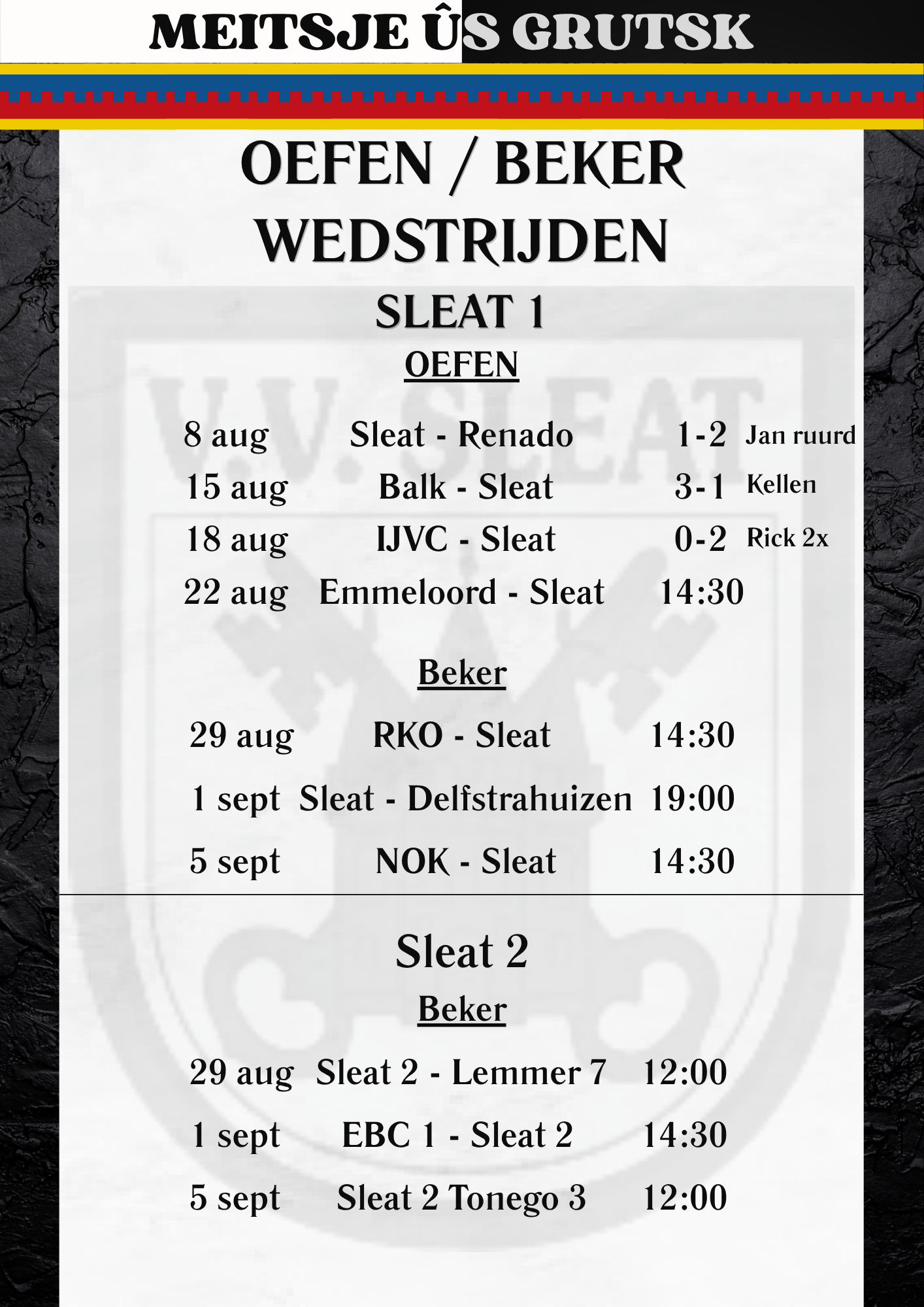 Programma oefen / beker Sleat 1 & Sleat 2